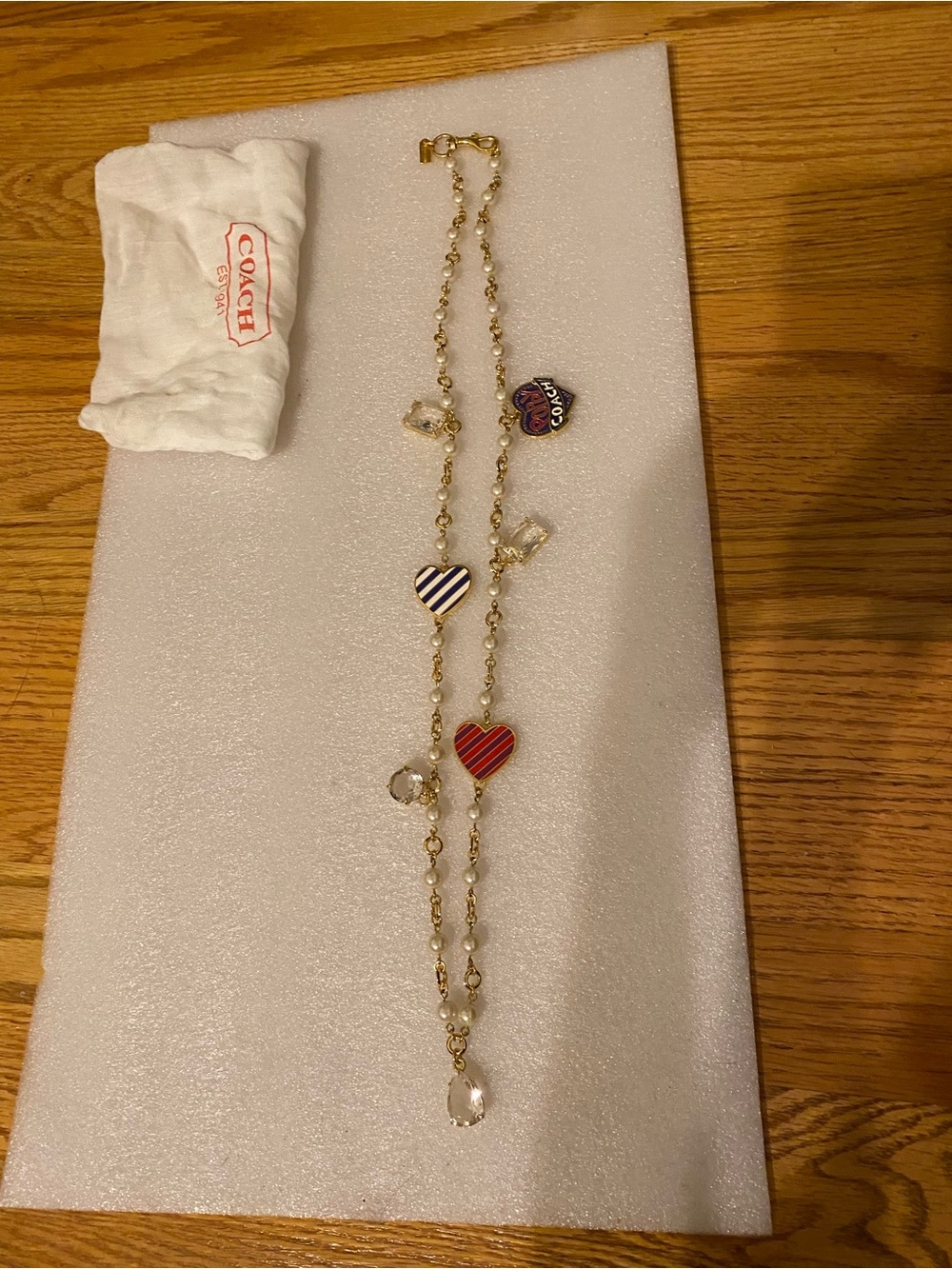 NWOT COACH Gold Chain Necklace with Red and Navy Heart Charms